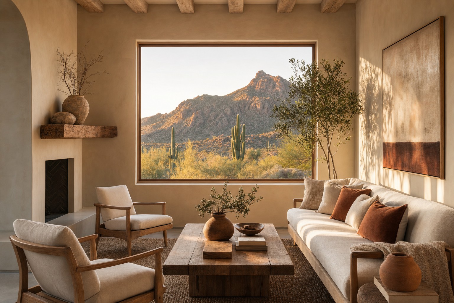 Warm minimalist luxury desert casita living room in Scottsdale, Arizona with natural oak furniture and mountain views