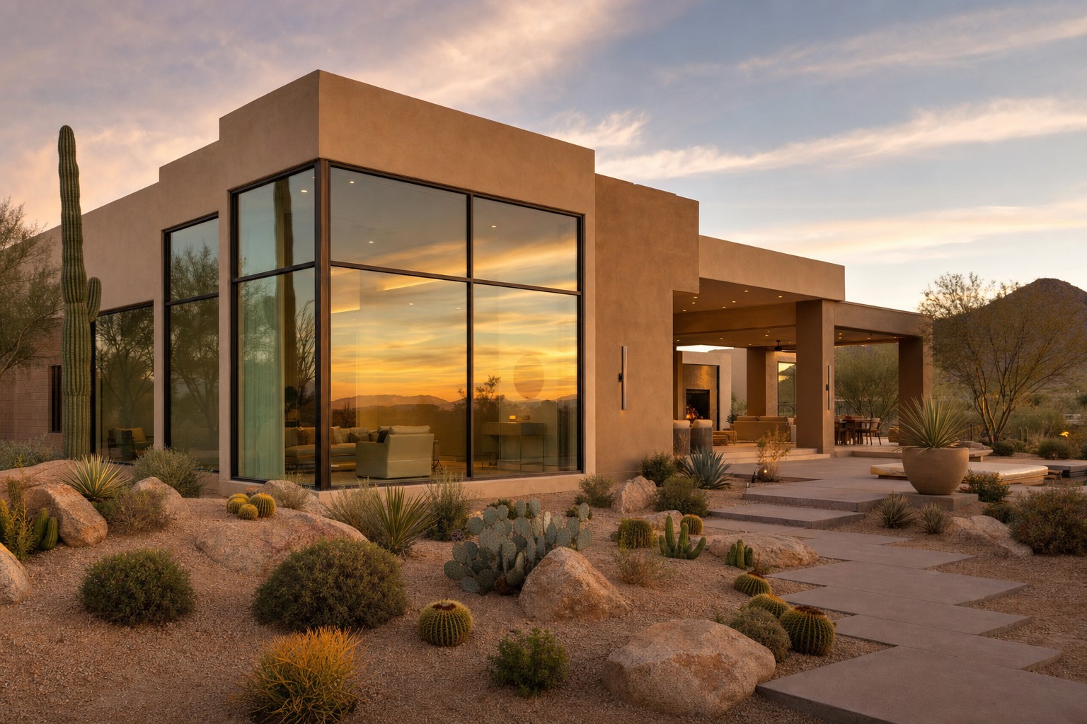 Modern luxury desert home exterior in Scottsdale, Arizona at golden hour, representing high-performing vacation rental properties
