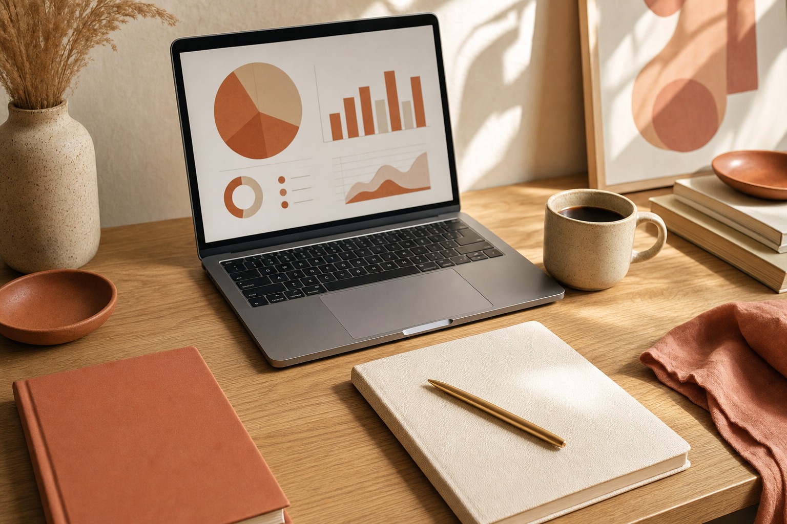 Desk flat lay with laptop showing revenue charts, representing STR revenue strategy planning